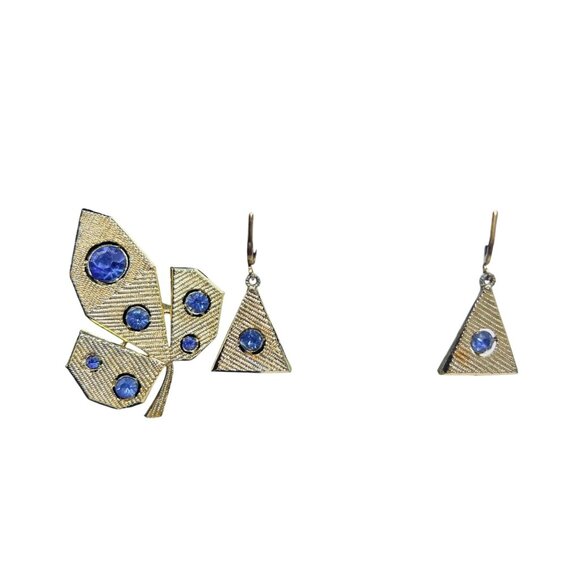 Textured Gold Tone Leaf Brooch & Earrings Set W/ Cobalt Blue Rhinestones (5752) - Picture 2 of 12